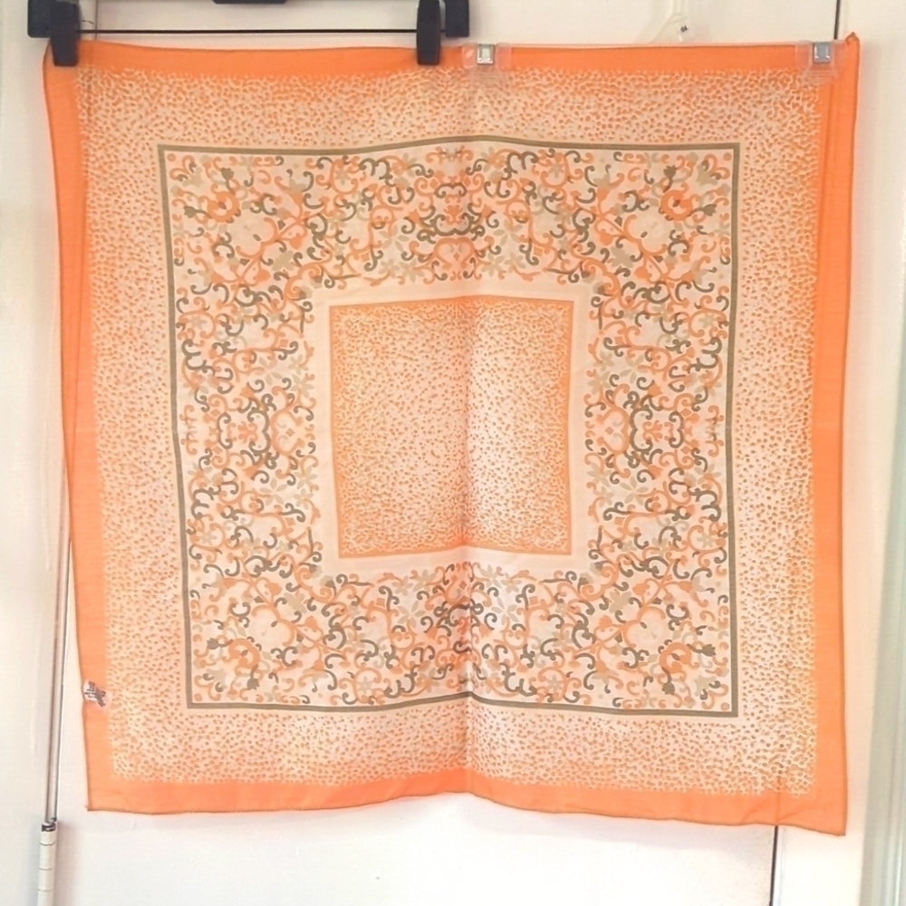 Vintage Orange and Gray Sheer Floral and Dot Scarf